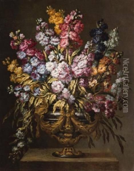 Still Life Of Flowers In Elaborate Gilt Urn, On A Stone Pedestal (+ Another; Pair) Oil Painting - Gabriel de LaCorte