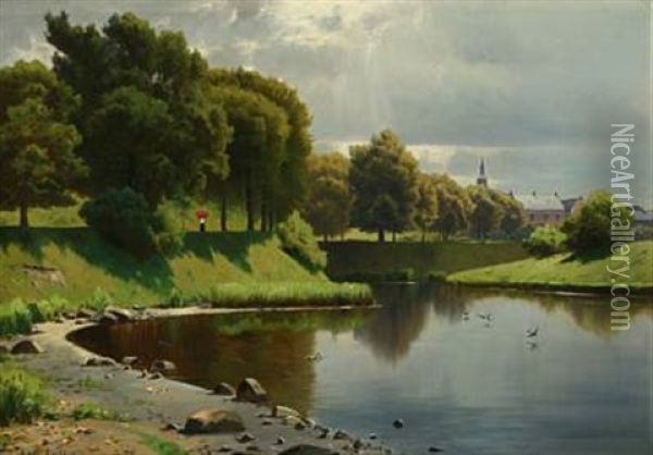 Danish Summer Landscape With Walking Woman Along Moat Oil Painting - Carl Carlsen
