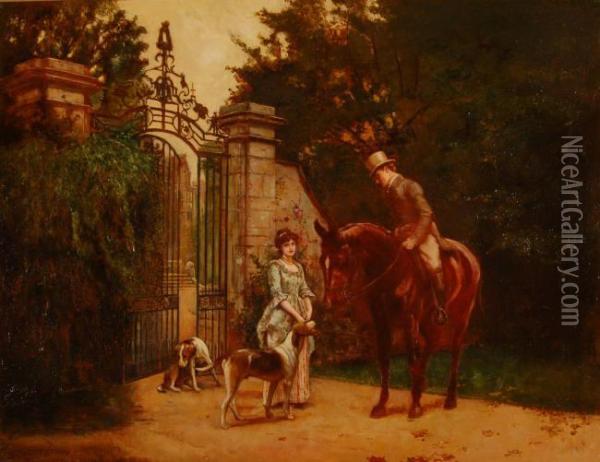 A Gentleman On Horseback With Young Woman And Hounds By A Gateway To A Country House Oil Painting - Herbert H. Harley
