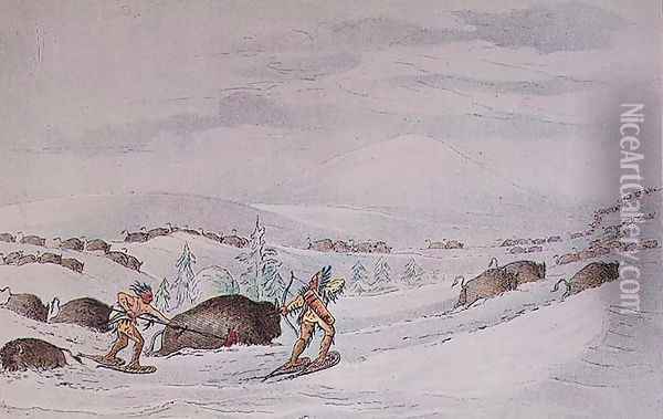 Hunting buffalo on snow-shoes Oil Painting - George Catlin