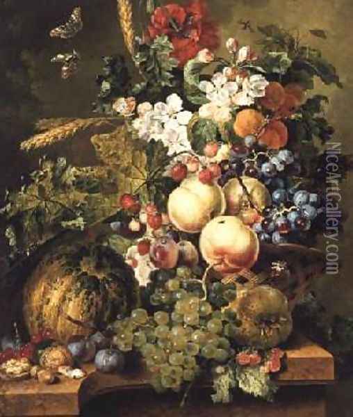 Fruit and Flowers on a Marble Ledge 1812 2 Oil Painting - Johannes or Jacobus Linthorst