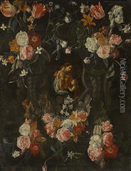 Steinkartusche, Umgeben Von Blumenarrangements Oil Painting - Daniel Seghers