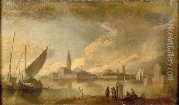 Vue De Venise Animee De Personnages Au Bord De La Lagune Oil Painting - Giovanni Richter