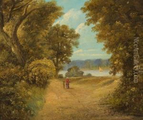 Figures On A River Path Oil Painting - Christopher Mark Maskell
