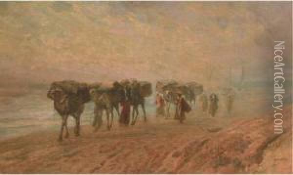 A Camel Train On The Banks Of The Nile Oil Painting - Karoly Cserna