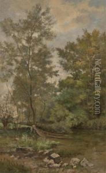 Pecheur Et Sa Barque En Bord De Riviere Oil Painting - Joseph Theodore Coosemans