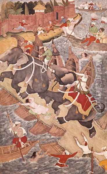 Akbar Tames the Savage Elephant, Hawa'i, Outside the Red Fort at Agra, miniature from the Akbarnama of Abul Fazl, c.1590 Oil Painting - Basawan and Chatai