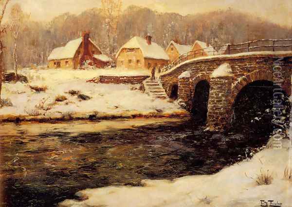 A Stone Bridge Over A Stream In Winter Oil Painting - Fritz Thaulow