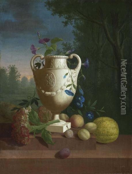 A Vase And Fruits On A Stone Ledge Before A Landscape Oil Painting - Pieter Faes