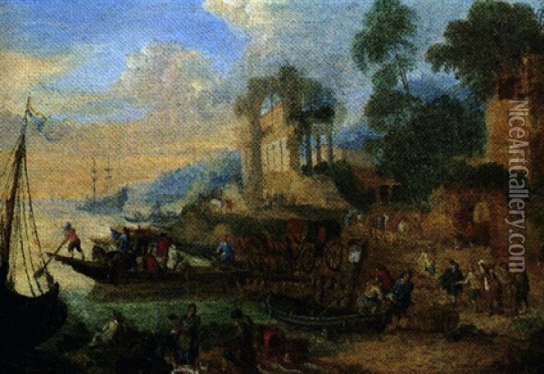Scene De Port Mediterraneen Animee De Marchands Oil Painting - Mathys Schoevaerdts