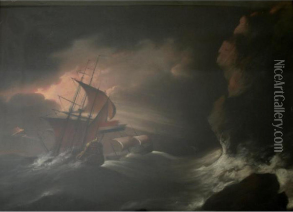 Vessels In Stormy Seas Off A Rocky Coast Oil Painting - John Christian Schetky