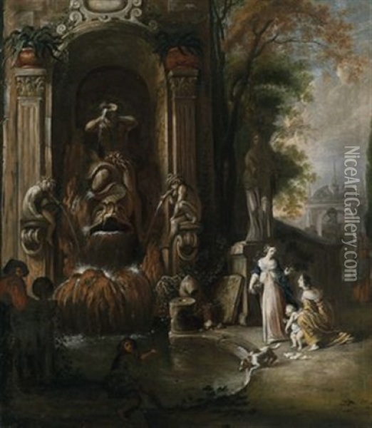 Zwei Frauen Mit Einem Kind Und Zwei Manner An Einer Prachtigen Brunnenanlage Oil Painting - Johann Spillenberger