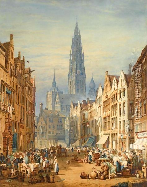 Market Day, Antwerp Oil Painting - Samuel Prout