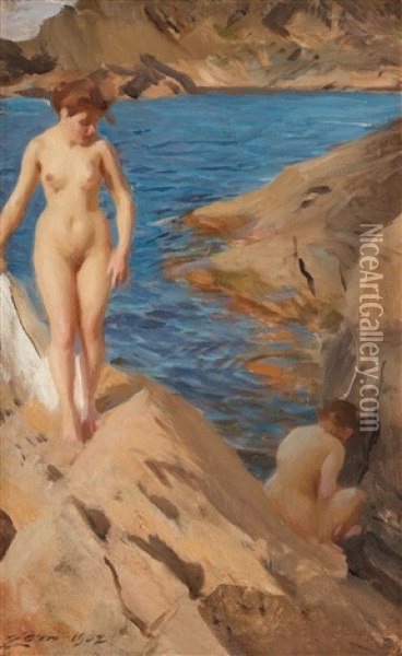 Study From The Archipelago With Two Nudes Oil Painting - Anders Zorn