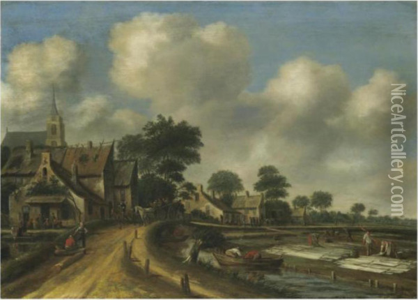 A Village Landscape With Women Bleaching Cloth Near The River Oil Painting - Thomas Heeremans