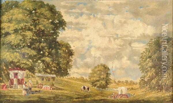 Figures And Horse Drawn Caravans On A Country Road Oil Painting - William Glover