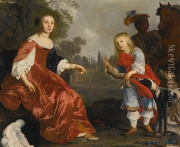 Portrait Of Two Children, Full Length, As Hunters In A Garden With Two Hounds And A Servant Leading A Horse Oil Painting - Nicolaes de (Stocade) Helt