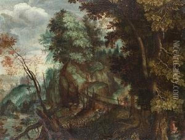 A Wooded Landscape With The Rest On The Flight Into Egypt Oil Painting - Anton Mirou
