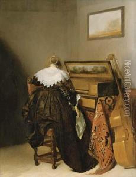 A Lady Seated At A Virginal Holding A Letter Oil Painting - Pieter Codde