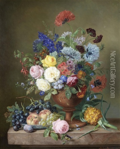A Vase Of Mixed Flowers And Fruit On A Marble Ledge Oil Painting - Adriana Van Ravenswaay
