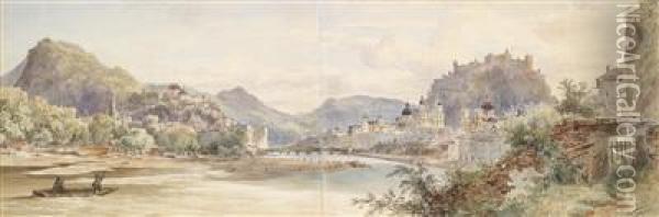 A Panoramic View Of Salzburg And Hohensalzburg Fortress Oil Painting - Anton Ii Altmann