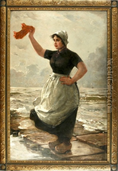 Willkommen (auf Der Mole Wartende, Mit Einem Tuch Winkende Junge Hollandische Fischersfrau) Oil Painting - Otto Theodore Gustav Lingner