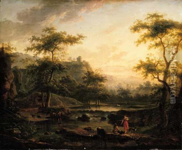 A River Landscape With A 
Washerwoman And A Herder Resting, Two Men On A Boat, A City And 
Mountains Beyond Oil Painting - Jan Both