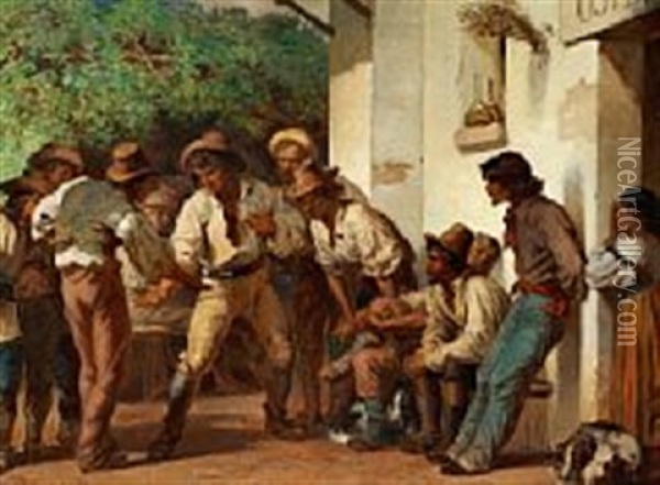 Italian Morra Players Outside An Osteria Oil Painting - Henri Regnault