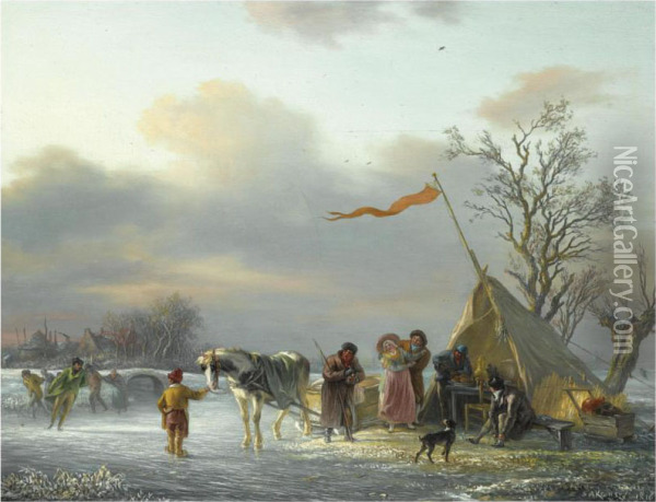Skaters And A Horse Drawn Sledge Near A 'koek En Zopie' Oil Painting - Simon Andreas Krausz
