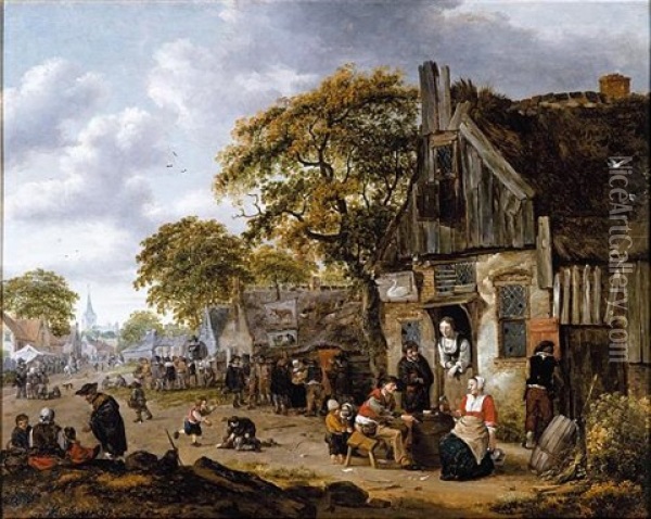 A Village Street Scene With Figures Drinking Outside An Inn And Vendors Hawking Their Wares Oil Painting - Salomon Rombouts