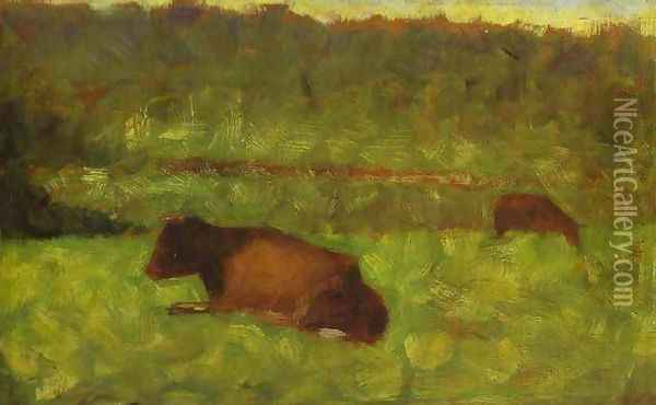 Cows in a Field Oil Painting - Georges Seurat