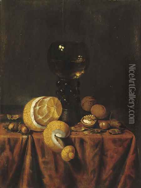 A 'Roemer' of white wine, a partially peeled lemon, walnuts and hazelnuts, all on a draped table Oil Painting - Edwaert Collier
