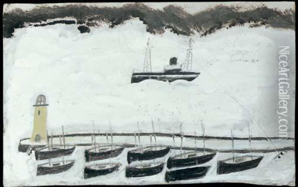 Fishing Boat And Nine Small Boats In A Harbour Oil Painting - Alfred Wallis