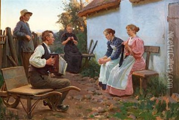 Summer Evening With Young People Listening To A Musician Playing The Accordion Oil Painting - Erik Ludwig Henningsen