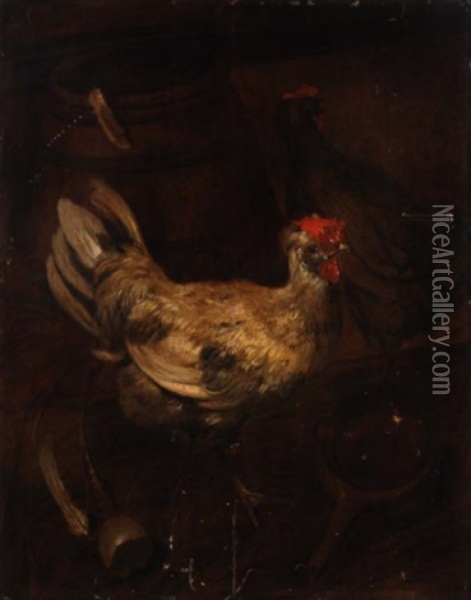 A Still Life With Chickens And A Barrel Oil Painting - Giacomo (Jacobus) Victors