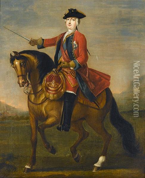 An Equestrian Portrait Of 
William Augustus, Duke Of Cumberland In The Uniform Of The 1st Guards, 
With The Ribbon And Star Of The Garter, In A Landscape Oil Painting - John Wootton