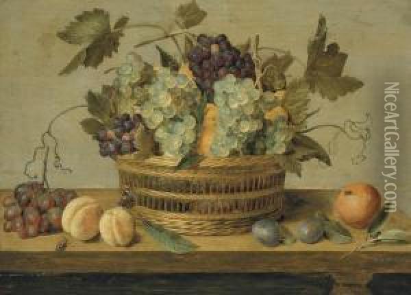 Nectarines And Grapes In A Basket On A Table Oil Painting - Jacob van Hulsdonck