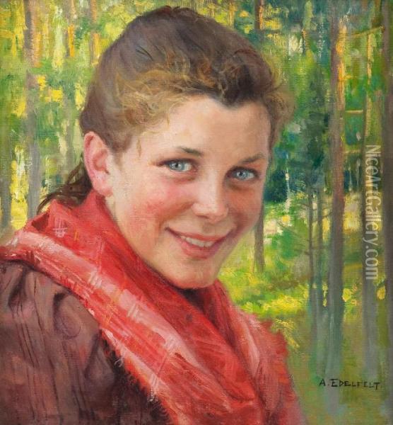 A Girl From Porvoo (a Farmer's Daughter From Uusimaa) Oil Painting - Albert Edelfelt