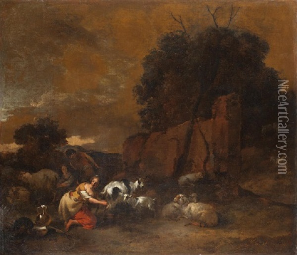 Peasants Milking Goats At Dusk Oil Painting - Nicolaes Petersz Berchem