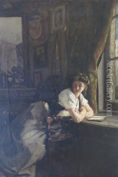 Jeune Femme A Sa Fenetre Oil Painting - Alexandre Antigna