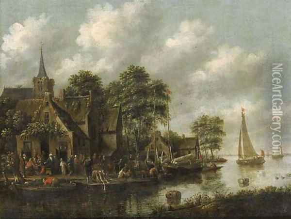 An inn by a river with moored sailing vessels and a washerwoman on a jetty Oil Painting - Thomas Heeremans