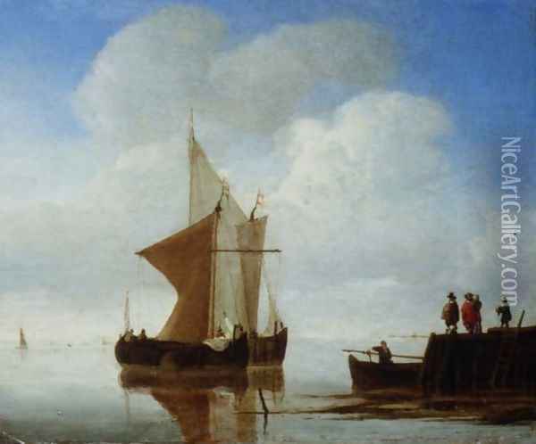 Two Smalschips off the end of a Pier Oil Painting - Willem van de Velde the Younger