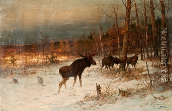 Elks In Winter Oil Painting - Efim A. Tikhmenev