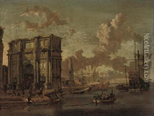 A Capriccio Of A Mediterranean 
Harbour With The Arch Of Constantine And A Dutch Man O'war And Other 
Shipping Oil Painting - Abraham Storck