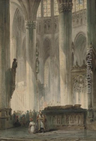 Figures In A Church Interior Oil Painting - Johannes Bosboom