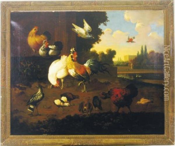 A Rooster, Hens, Chicks And Other Birds In A Landscape Oil Painting - Marmaduke Cradock