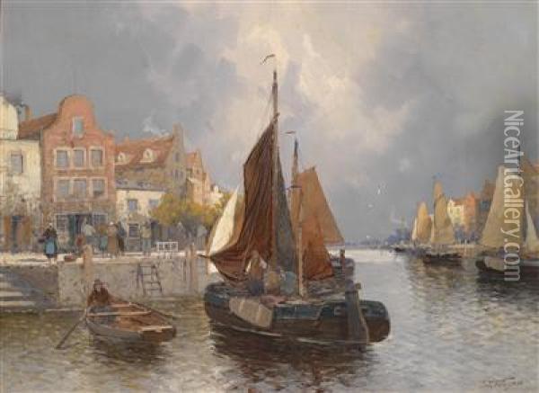 Dutch Harbour Landscape Oil Painting - Georg Fischof