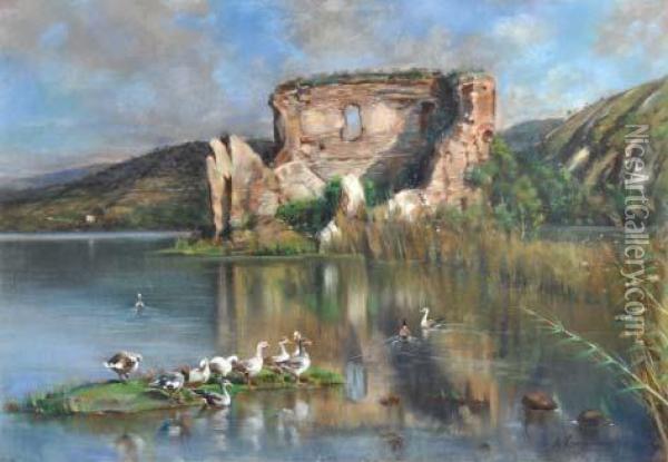 Anatre Nel Lago D'averno E Il Tempio D'apollo Oil Painting - Alceste Campriani