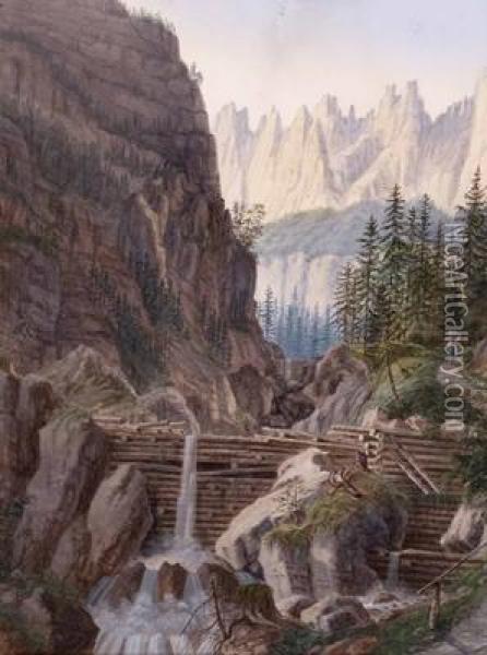 Donnerkogel Mit Wasserfall, Im Hintergrund Der Gosaukamm Oil Painting - Josef Eberl