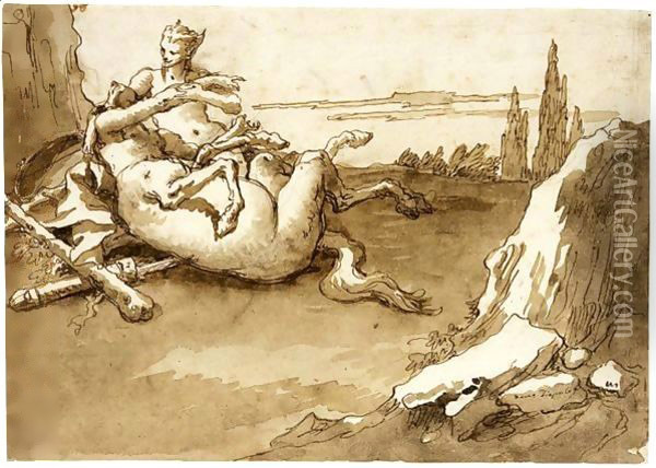 A Centaur And A Female Faun In A Landscape Oil Painting - Giovanni Domenico Tiepolo